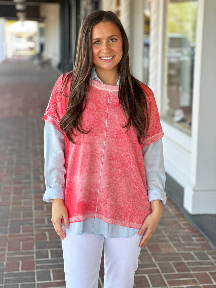 Tru Luxe Reverse Printed Cap Sleeve Coral Top