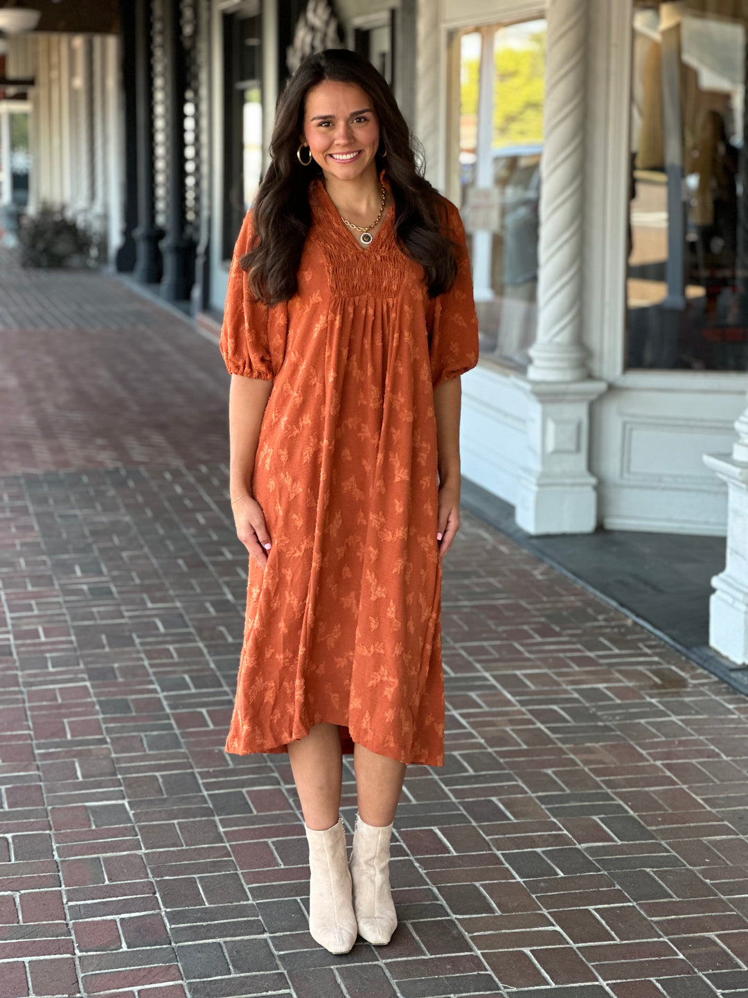 Jacquard Smocked Midi Dress in Rust