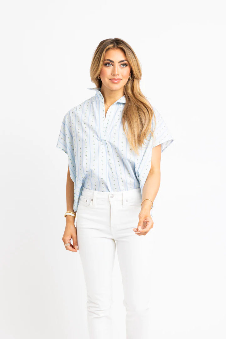 Blue Stripe Collar Button Top