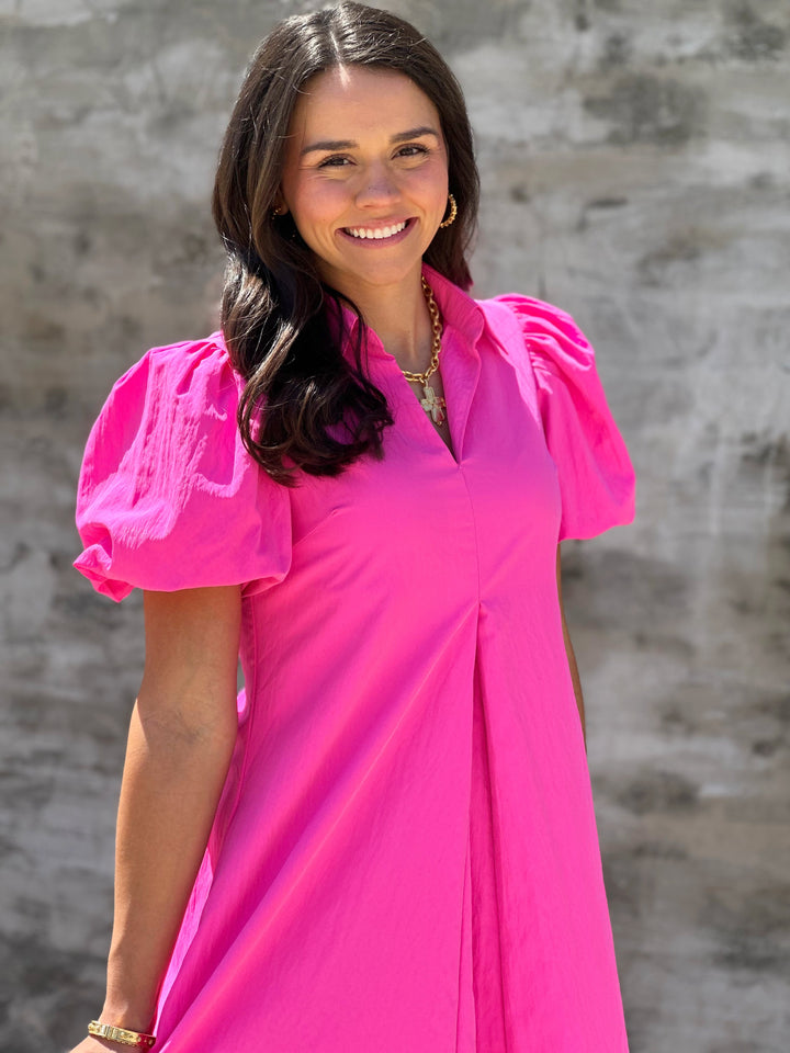 Collar V-neck Pleated Puff Sleeve Midi Dress in Hot Pink