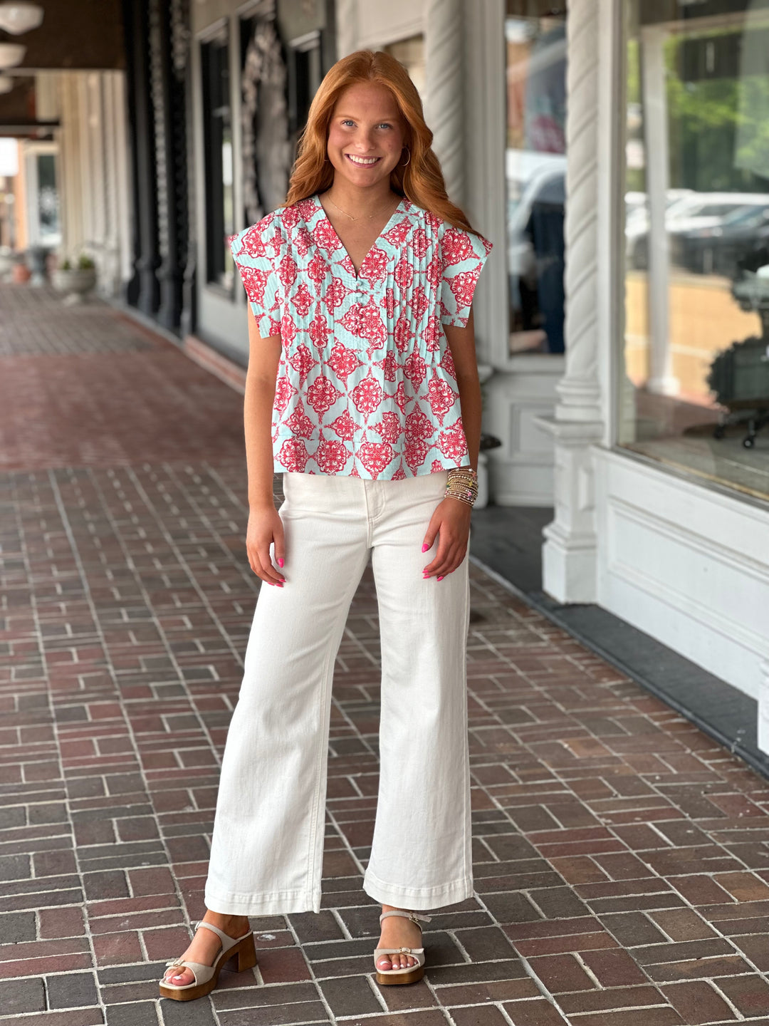 Teal Short Sleeve Button Front Printed Top