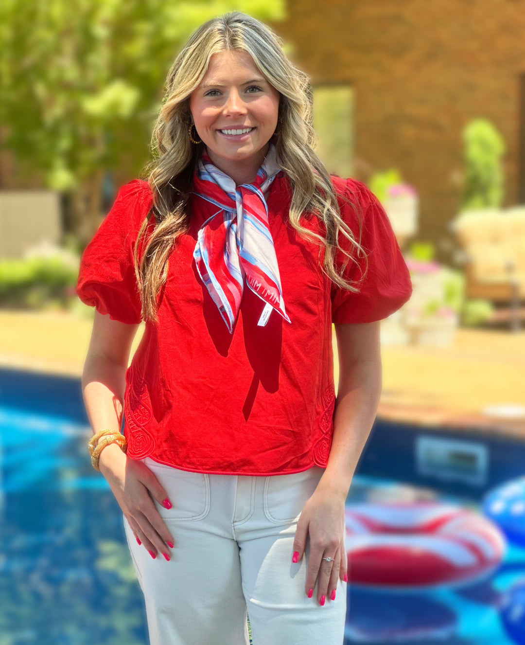 Bubble Sleeve Top with Side Embroidery in Chili Pepper Red