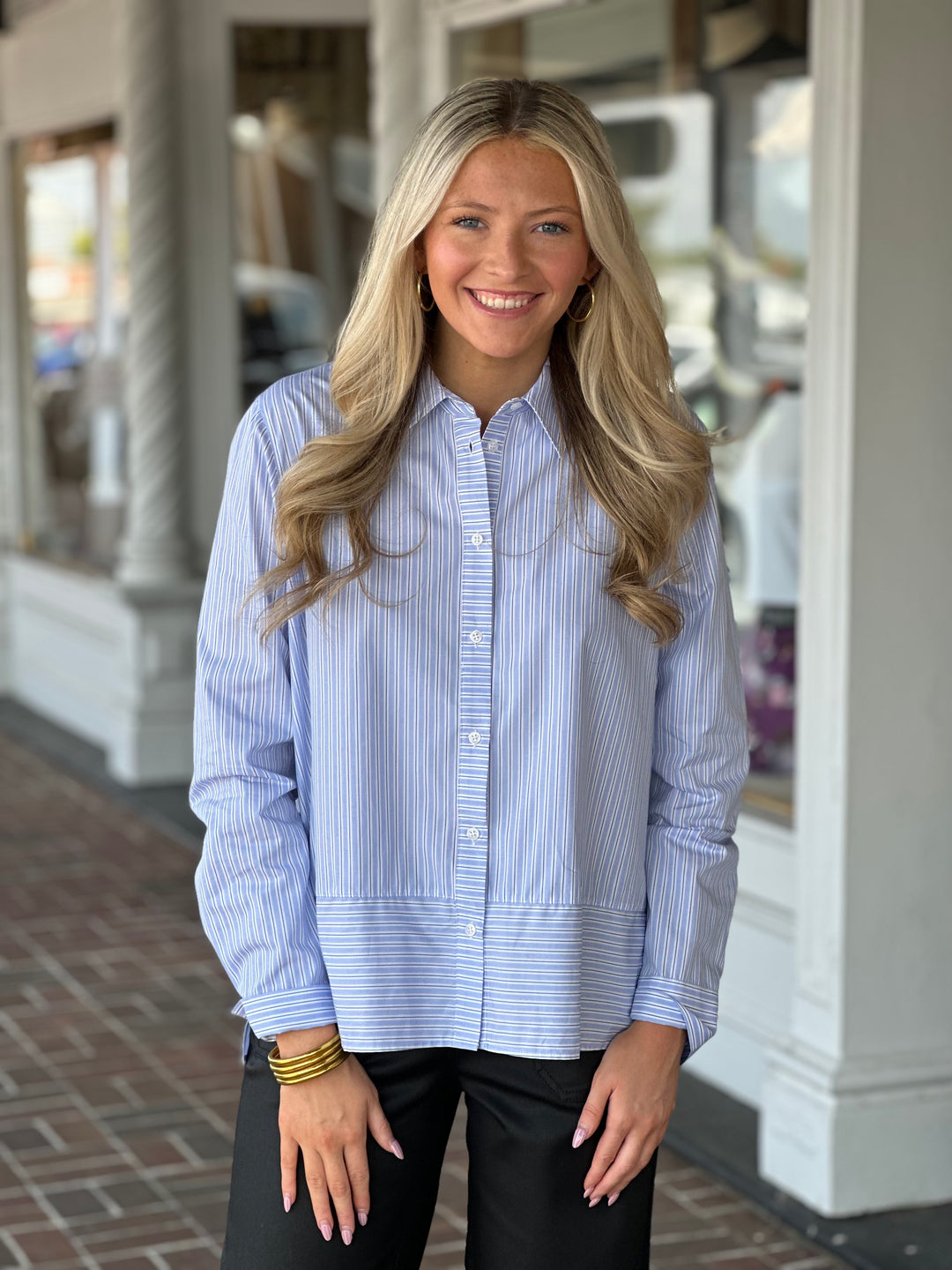 Elliott Lauren Blue Stripe Button Down Top