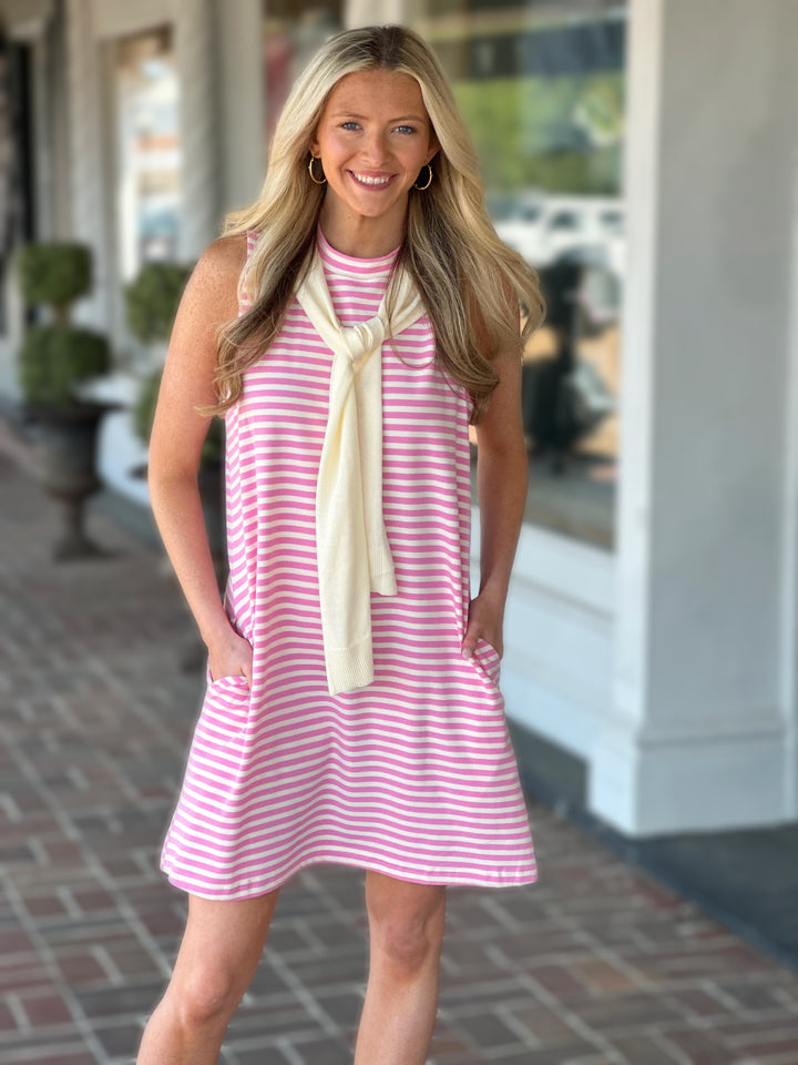 Pink Striped Sleeveless Mini Dress
