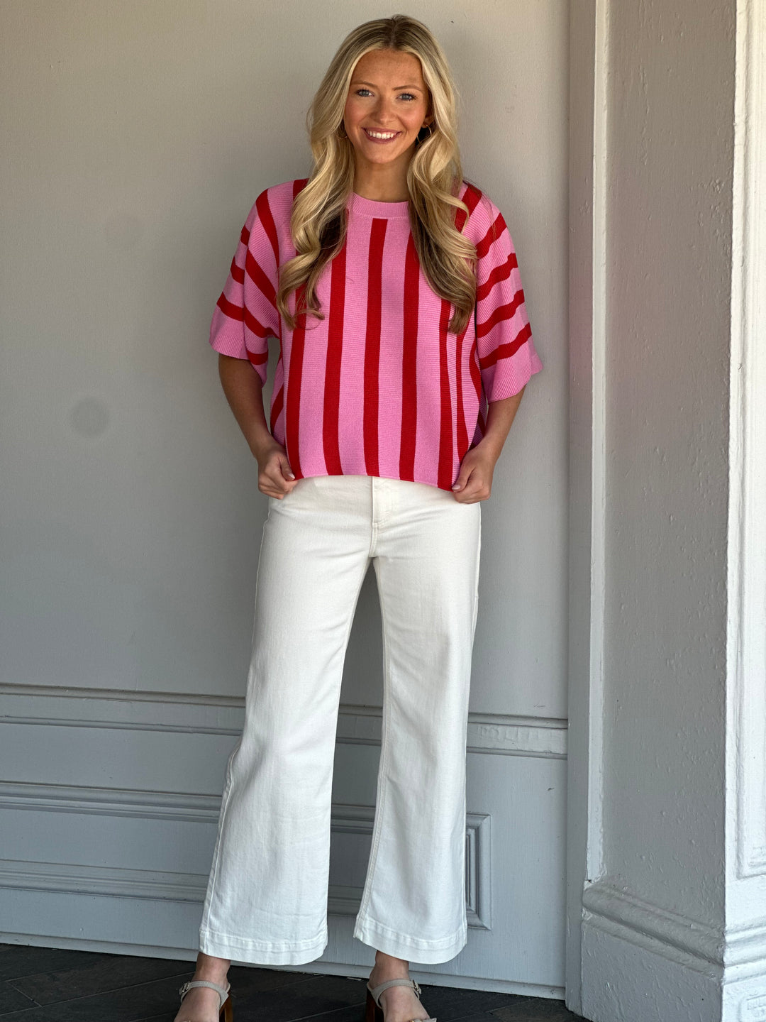Pink Striped Dolman Short Sleeve Top