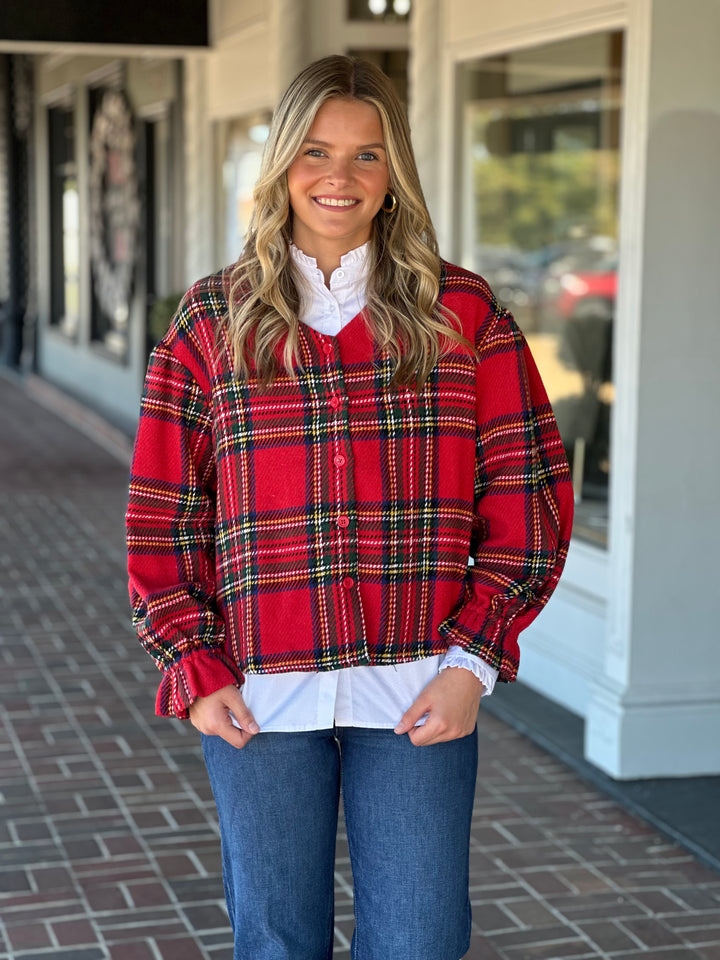 Christmas Plaid V-Neck Elastic Ruffle Cardigan Top