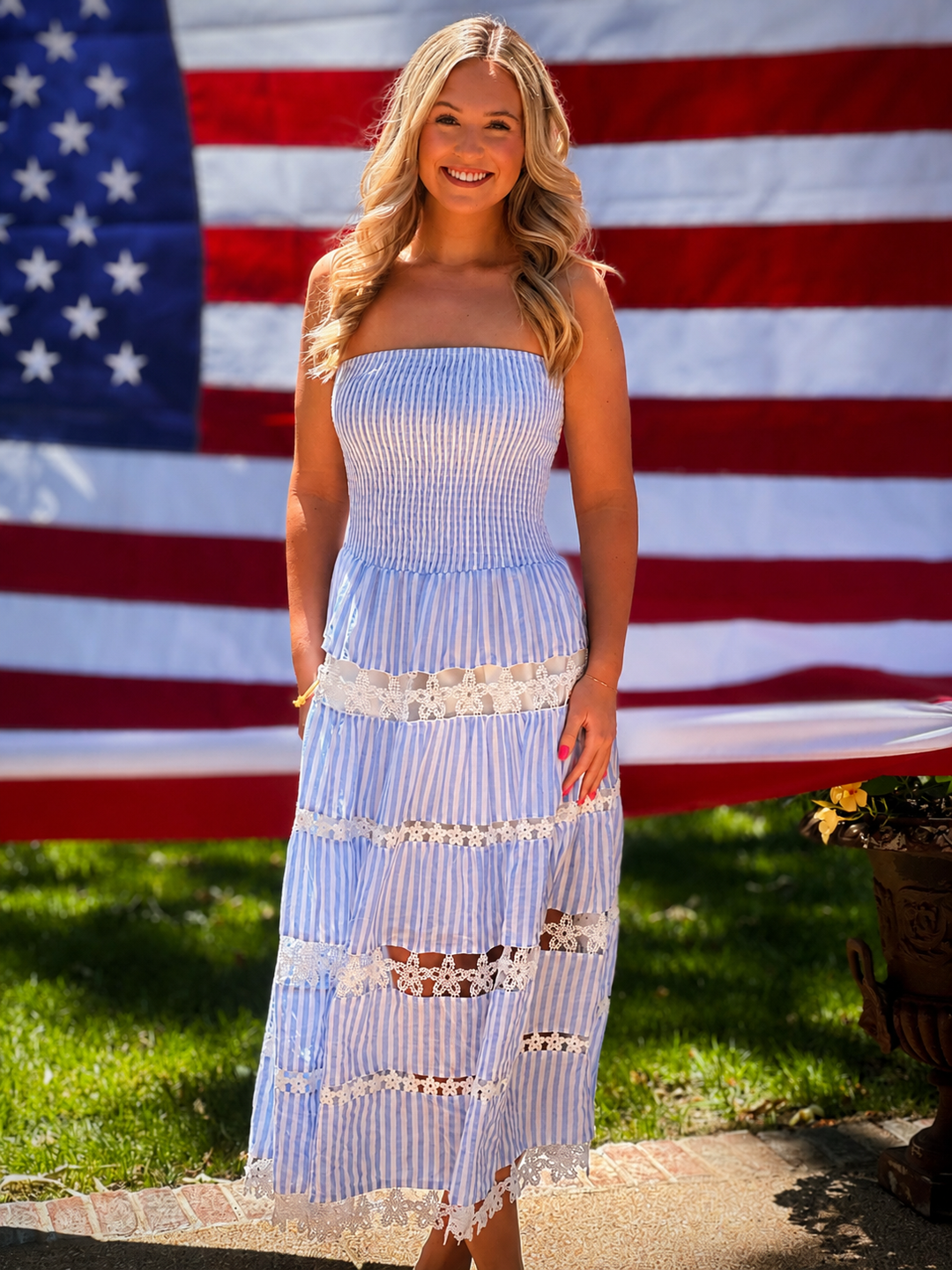 Striped Floral Lace Tube Dress in Light Blue Stripe