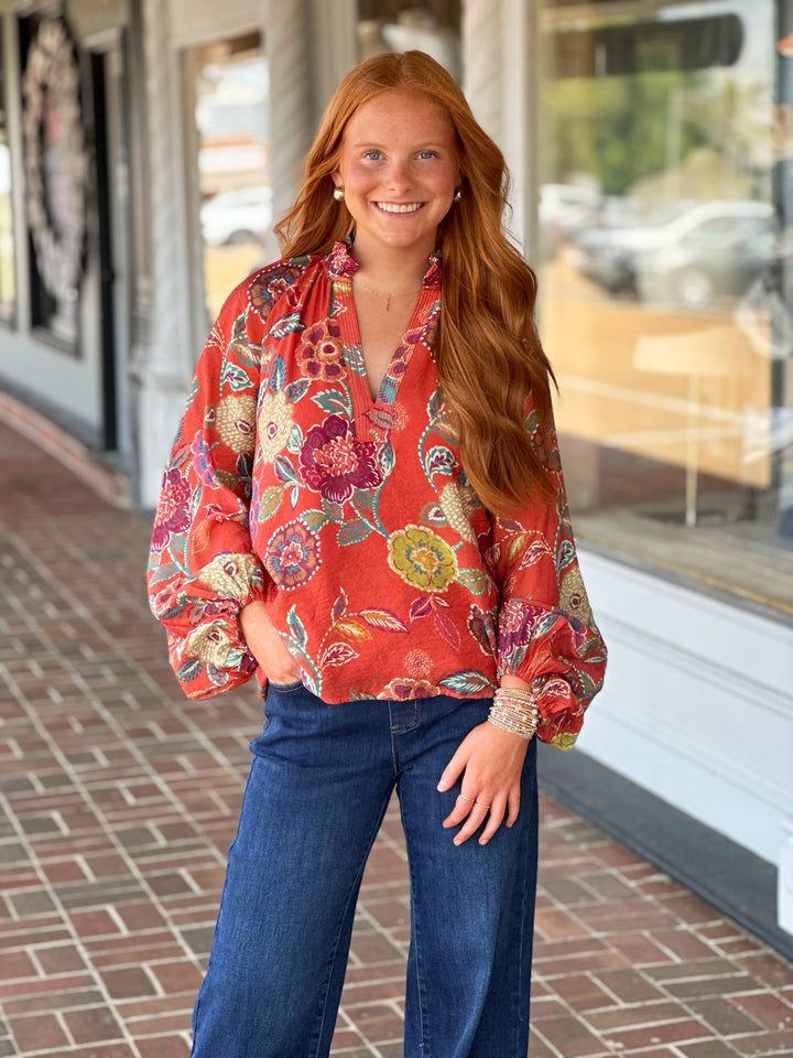 Long Sleeve Orange Floral Print Top