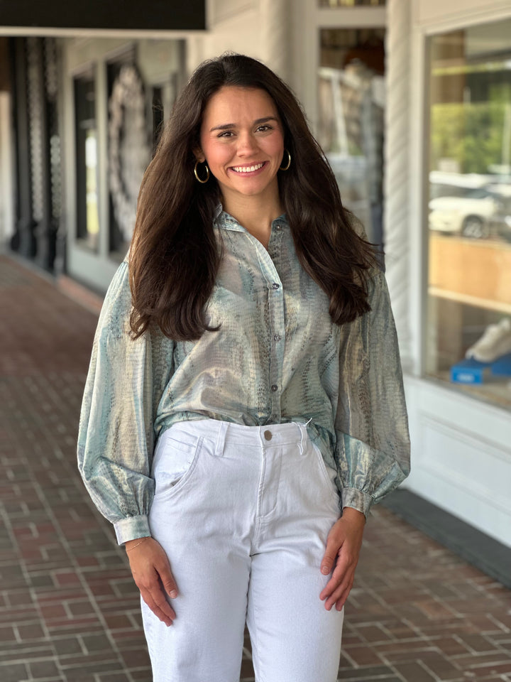 Lola +  Sophie Foil Printed Snake Blue Top