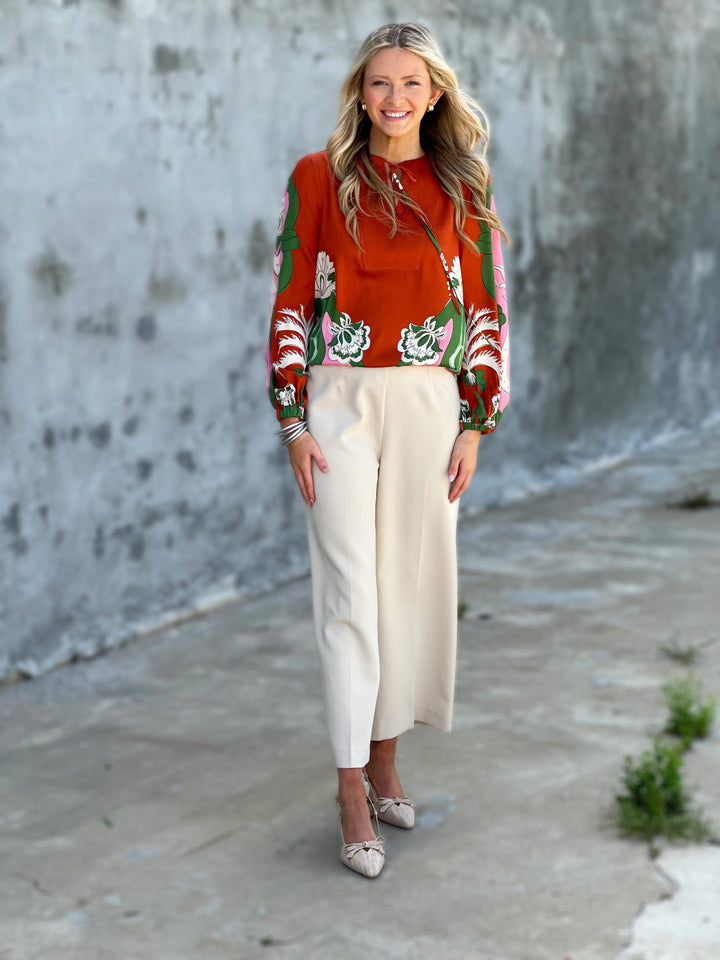 Persimmon Tie Neck Printed Silk Blouse