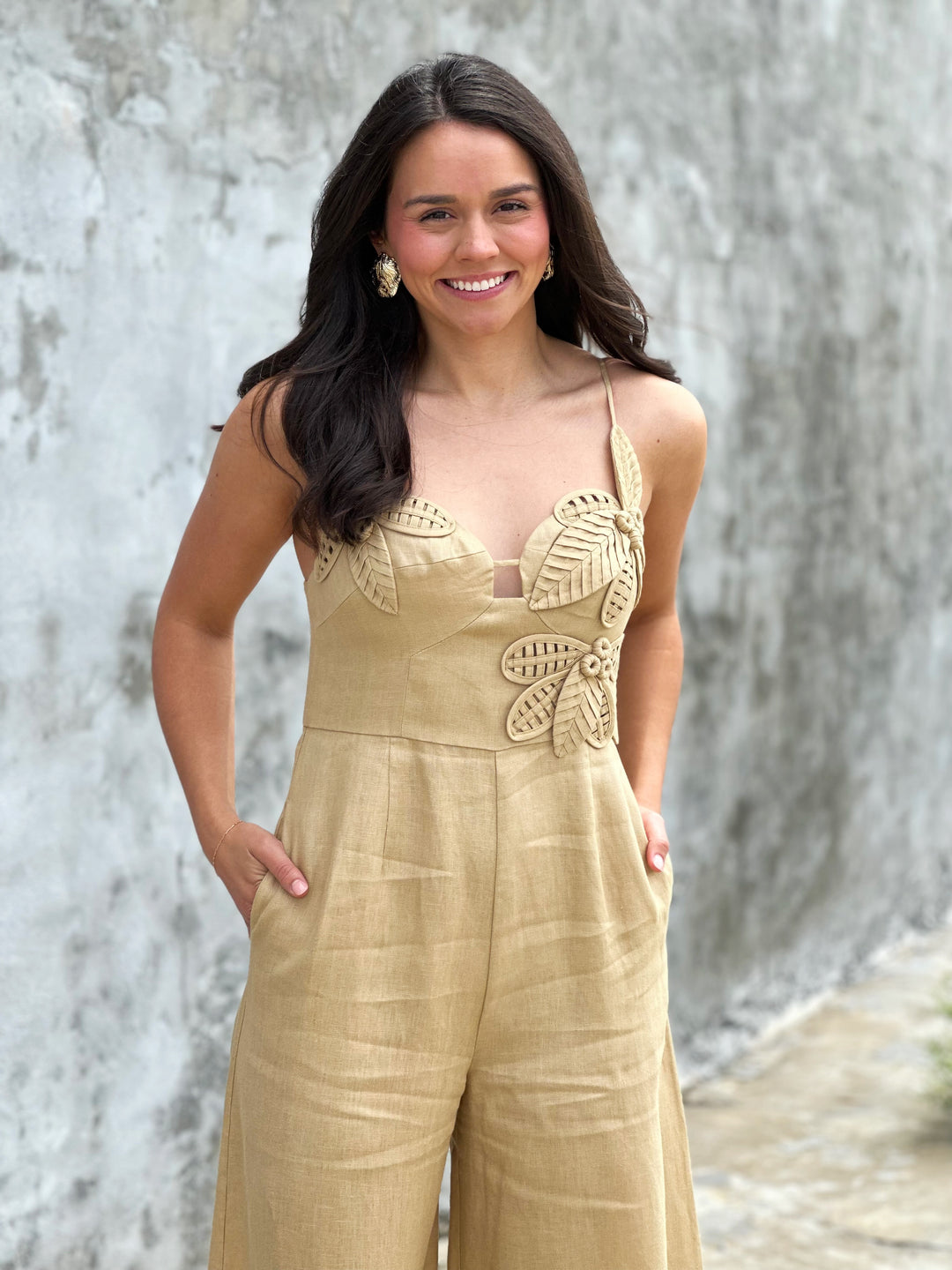 Farm Rio 3d Flowers Euroflax™ Premium Linen Jumpsuit in Sand
