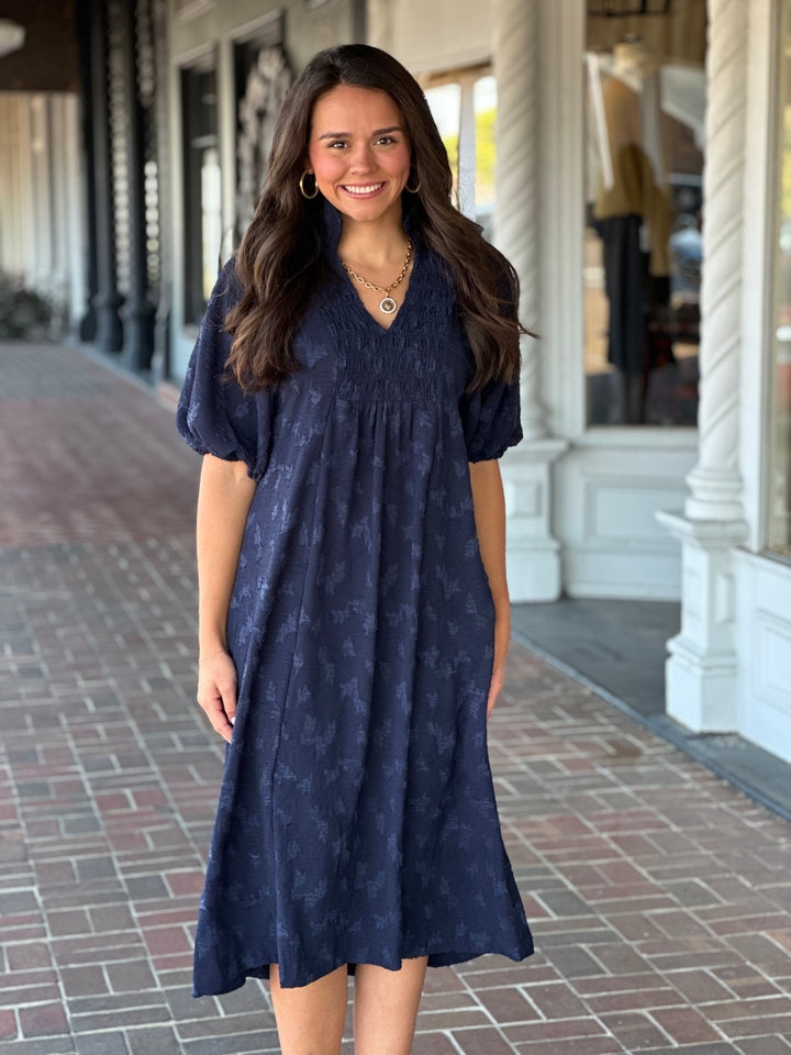 Jacquard Smocked Midi Dress in Navy