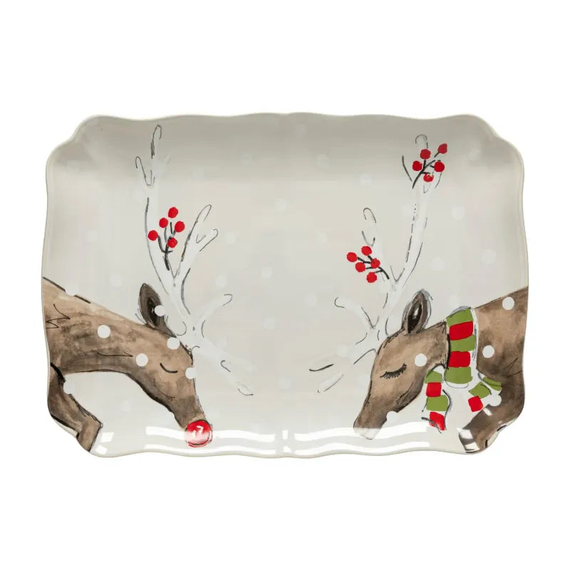 CASAFINA RECT. PLATTER 14'' DEER FRIENDS WHITE