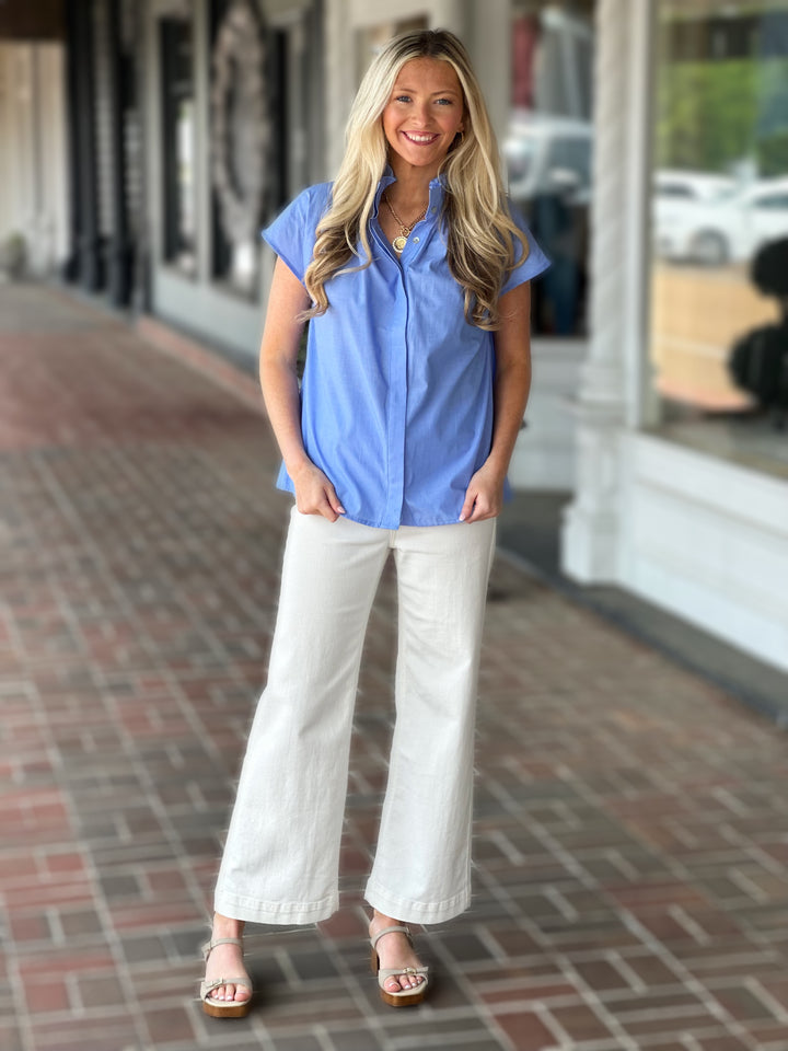 Blue Solid Cap Sleeve Top