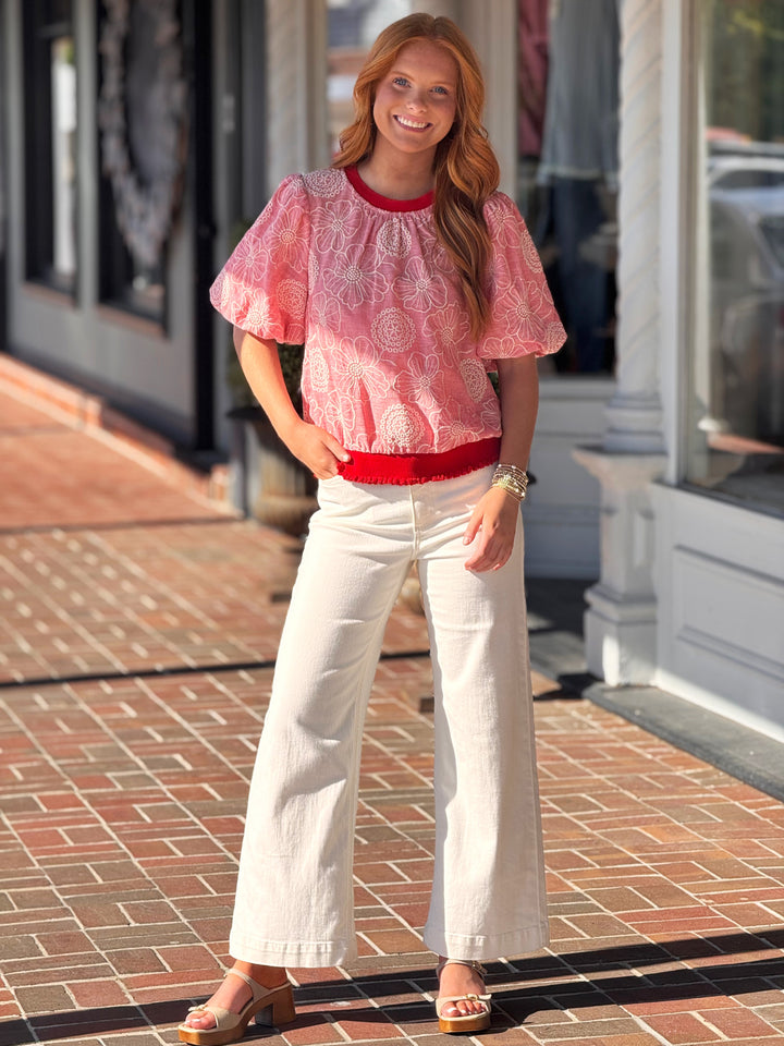 Contrast Ribbed Knit Band Floral Embroidered Top in Red