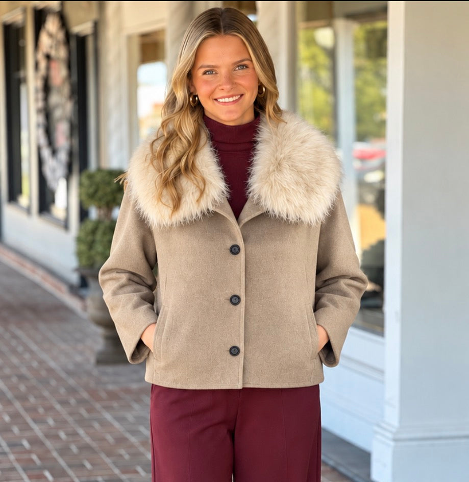 Dylan Clara Fur-Trimmed Melton Coat in Camel