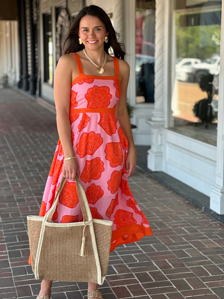 Pink Printed Sleeveless Midi Dress