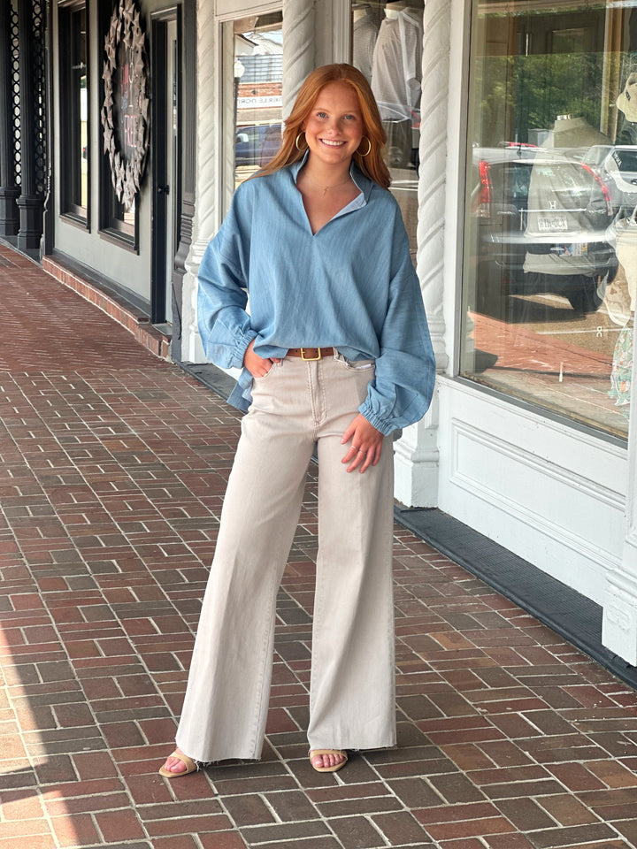Emily Mccarthy Long Sleeve Poppy Top in Denim Chambray