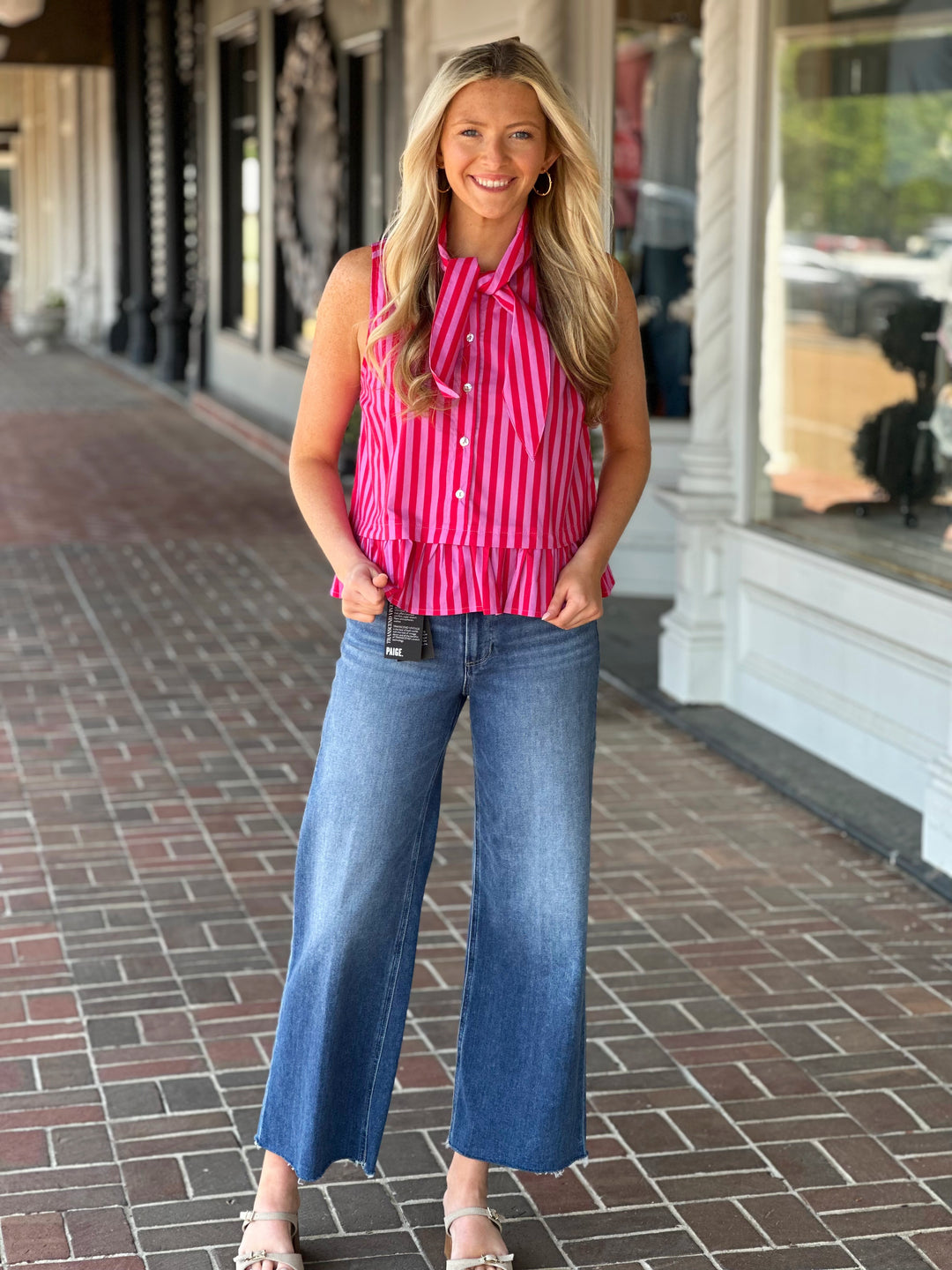 Red Striped Sleeveless Peplum Top