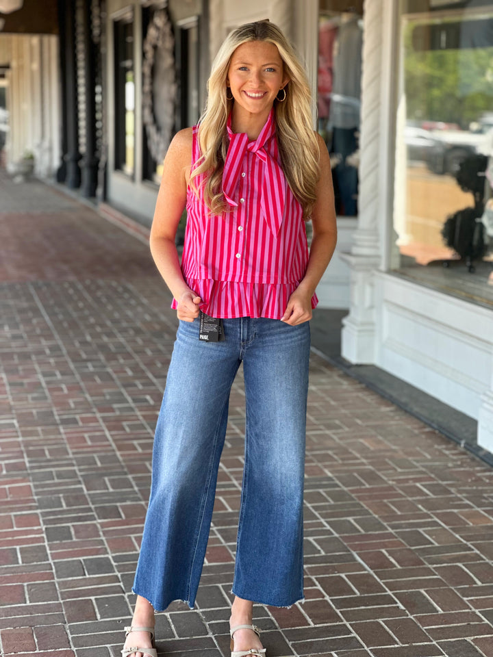 Red Striped Sleeveless Peplum Top