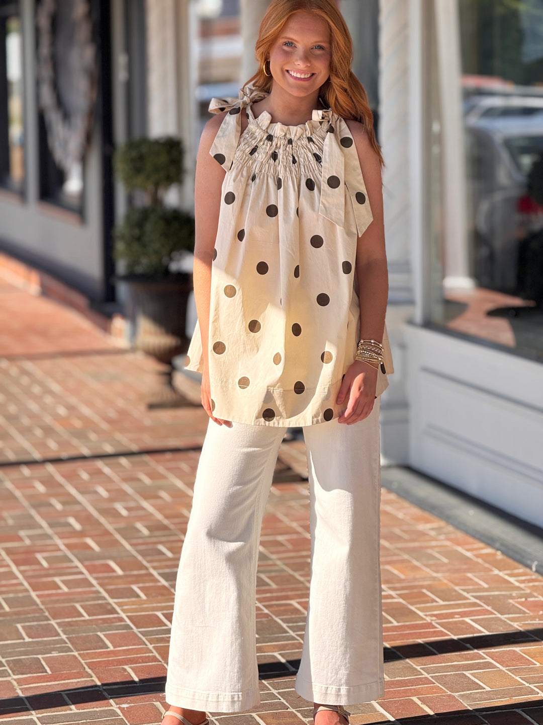 Tie Strap Smocked Polka Dot Top in Brown
