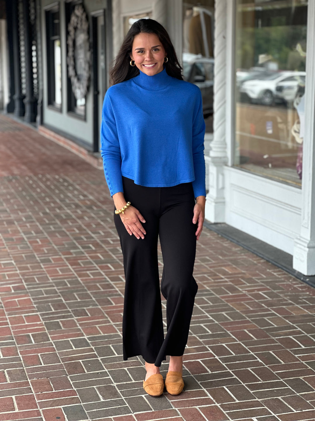 Blue Button Sleeve Knit Sweater