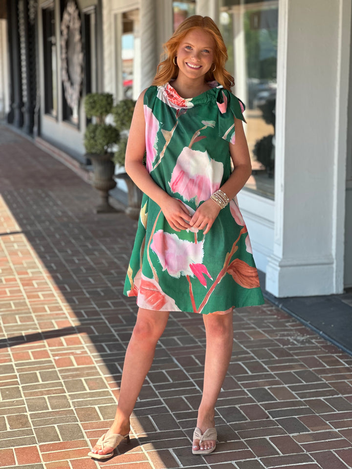Ruffle Neck Tie Sleeveless Floral Print Mini Dress in Green