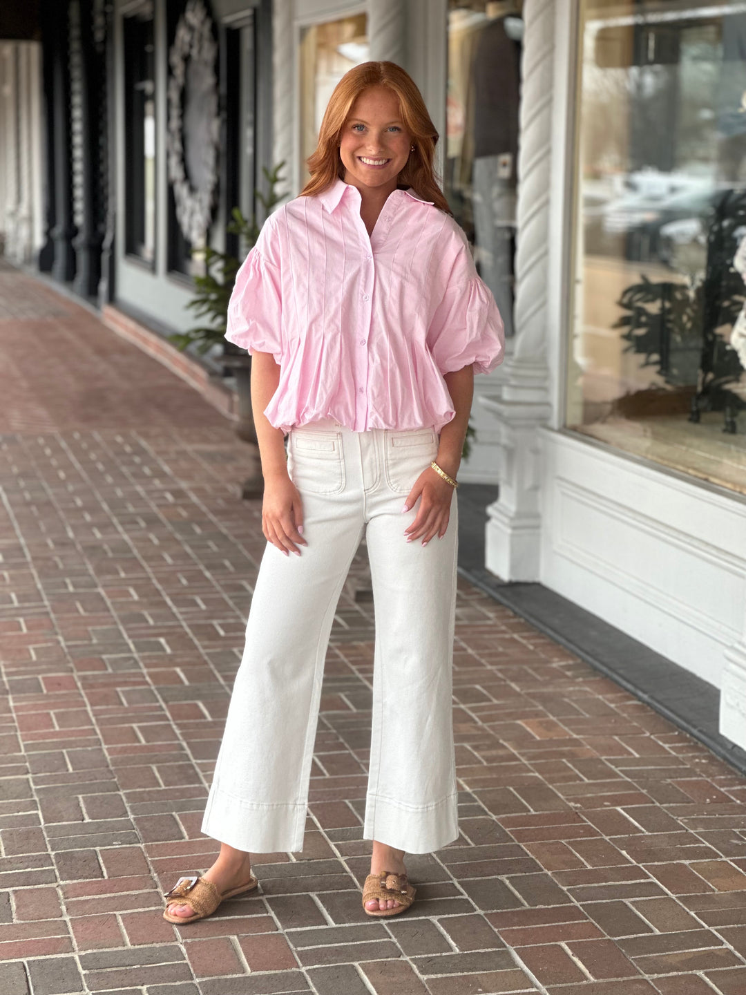 Pink Pleated Bubble Hem Button Down Top