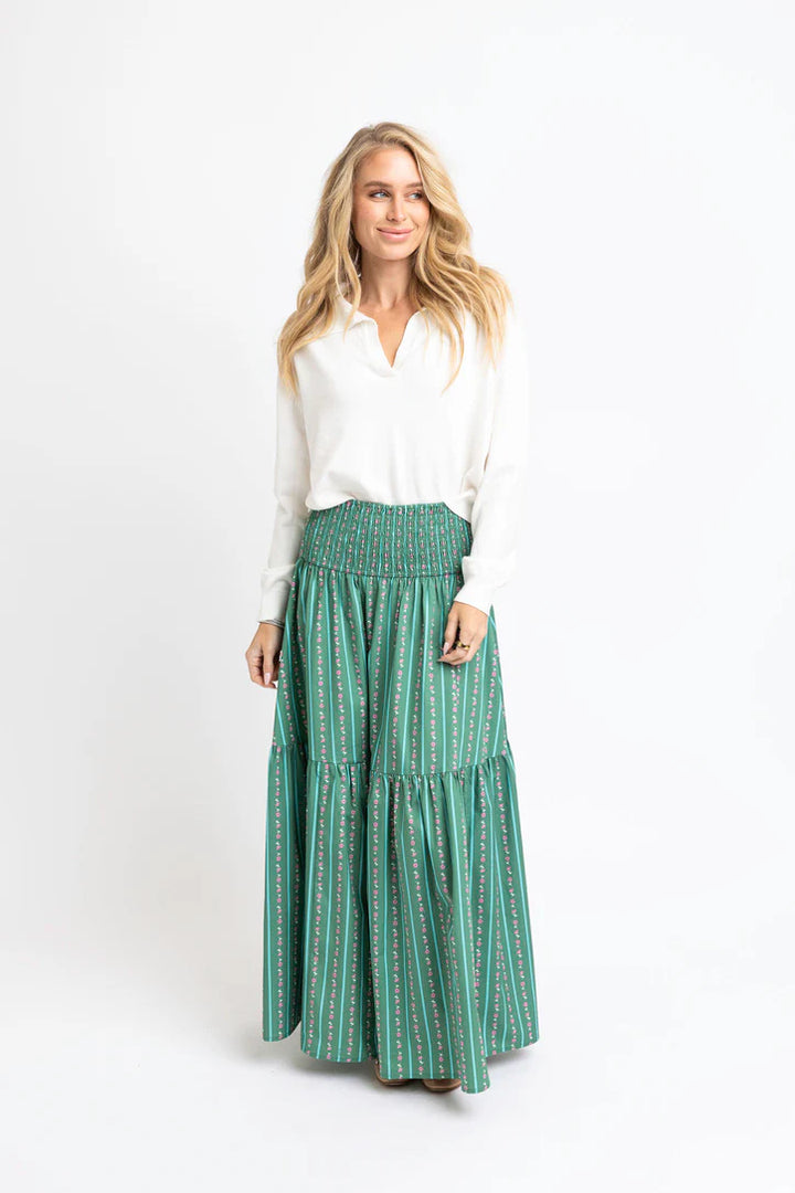 Green Floral Stripe Maxi Skirt