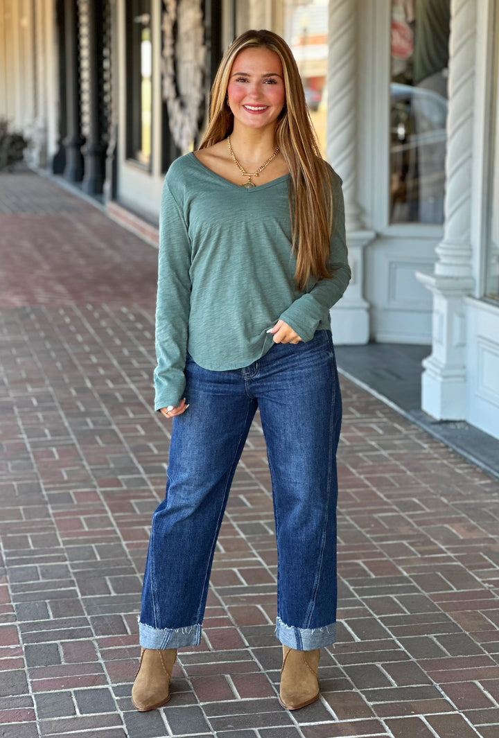 Dylan Deep V Long Sleeve Emerald Tee