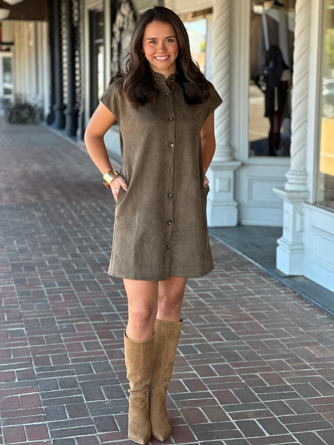 Short Sleeve Suede Olive Dress