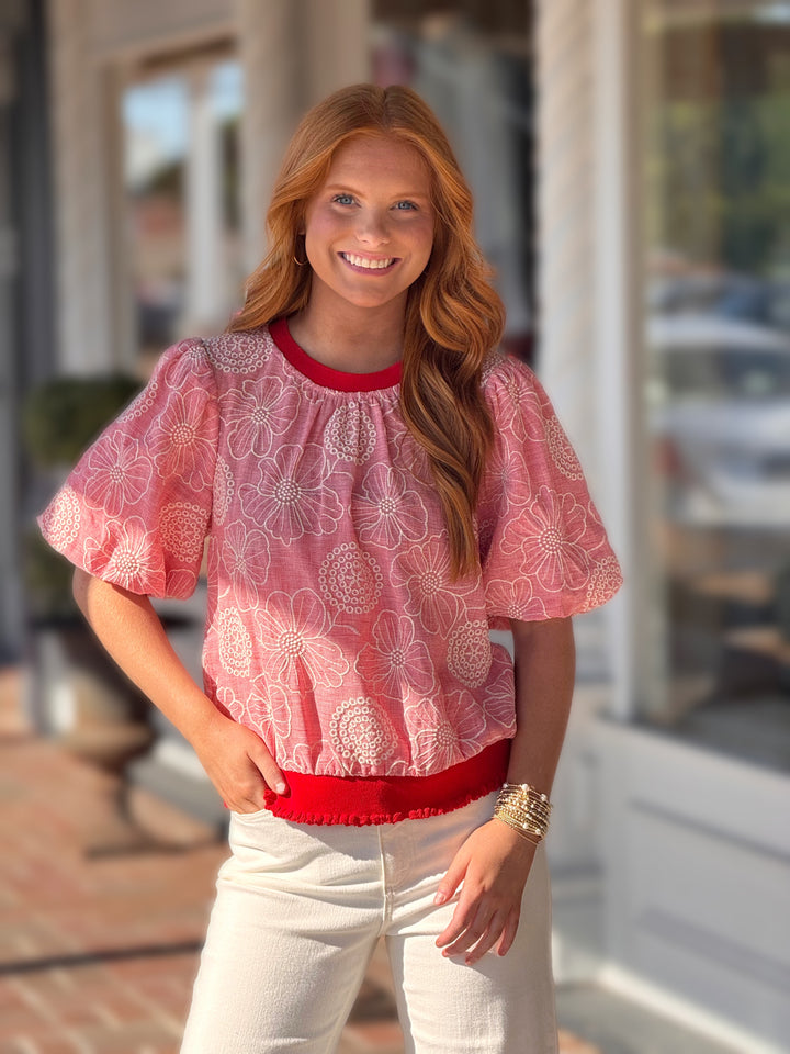 Contrast Ribbed Knit Band Floral Embroidered Top in Red