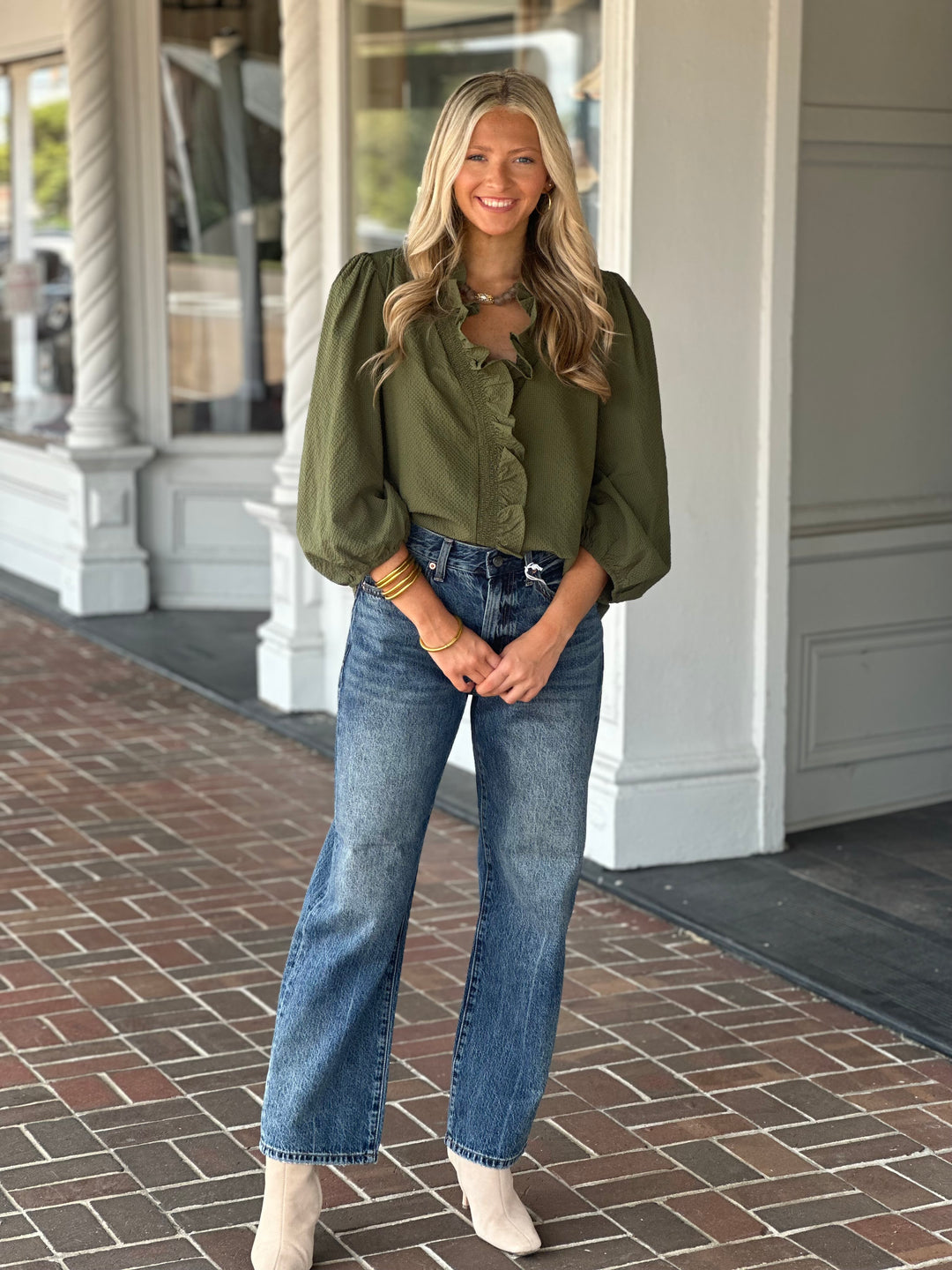 Textured Ruffle Trim Blouse in Olive