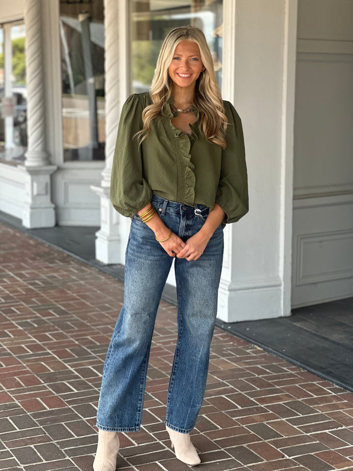 Textured Ruffle Trim Blouse in Olive