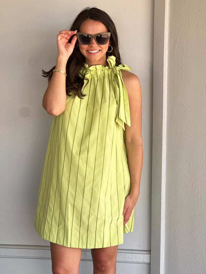 Ruffle Neck Tie Sleeveless Mini Dress in Lime