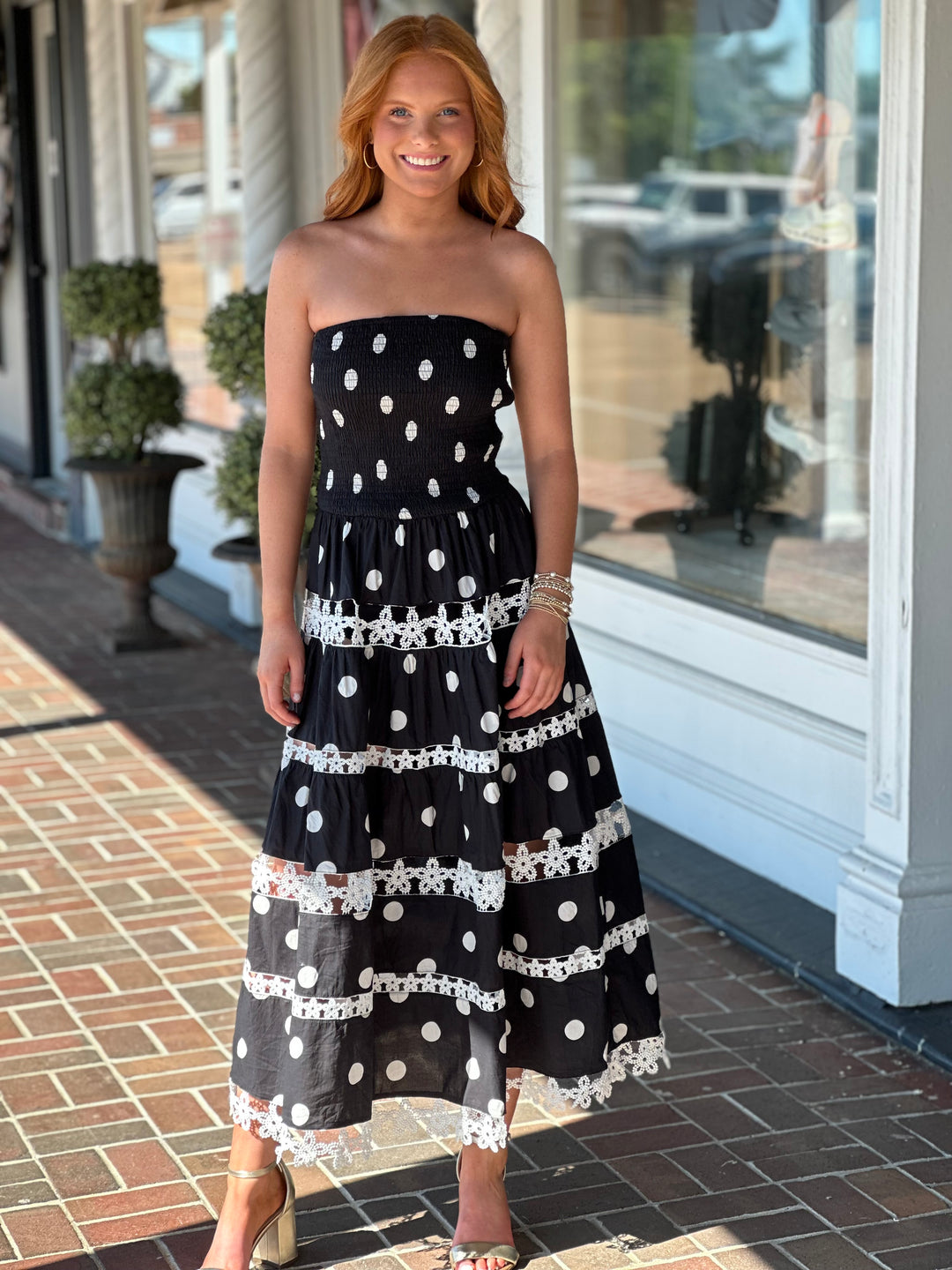 Polka Dot Lace Trim Detail Tube Long Dress in Black/ White Polka Dot Lace Trim Detail Tube Long Dress in Black/ White