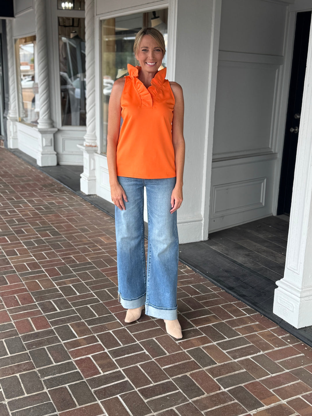Gretchen Scott Jersey Sleeveless Ruffneck Top in Orange