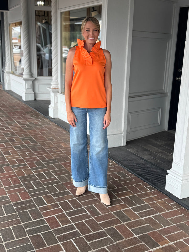Gretchen Scott Jersey Sleeveless Ruffneck Top in Orange