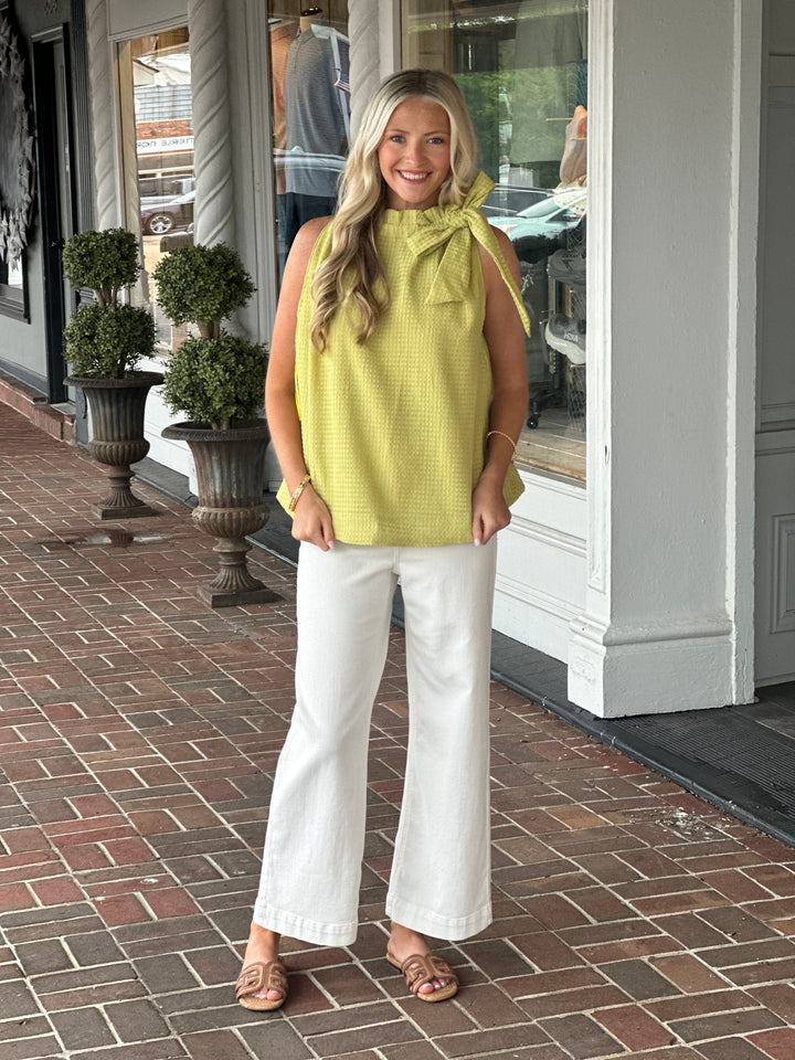 Ruffle Neck Tie Sleeveless Top in Sage