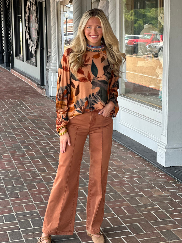French Dressing Mock Neck Trimmed Top in Brown