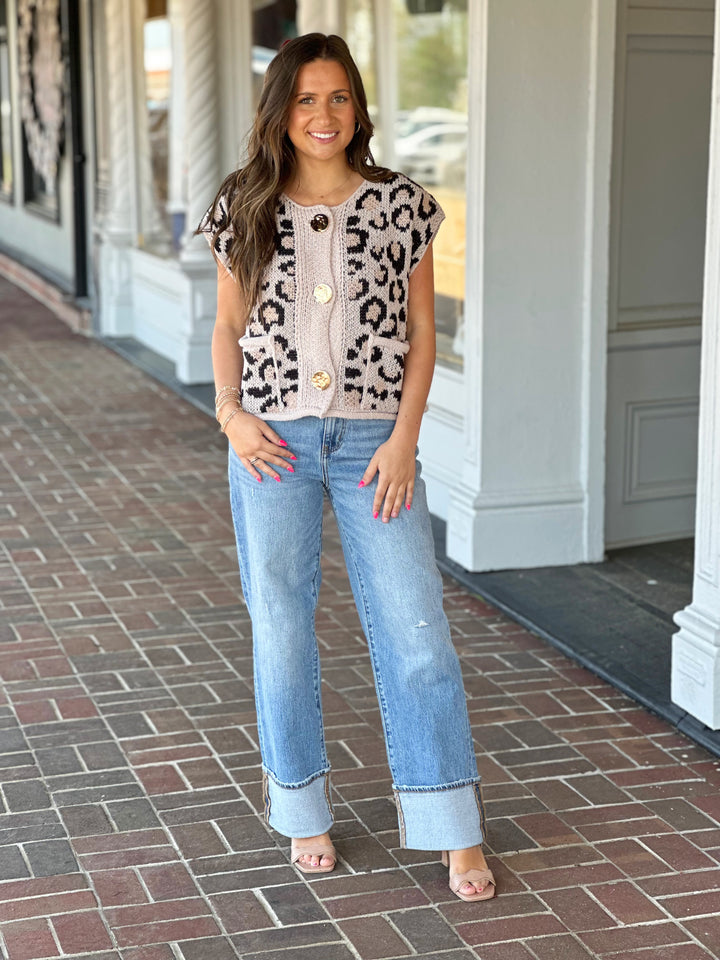 Button Front Leopard Sweater Vest