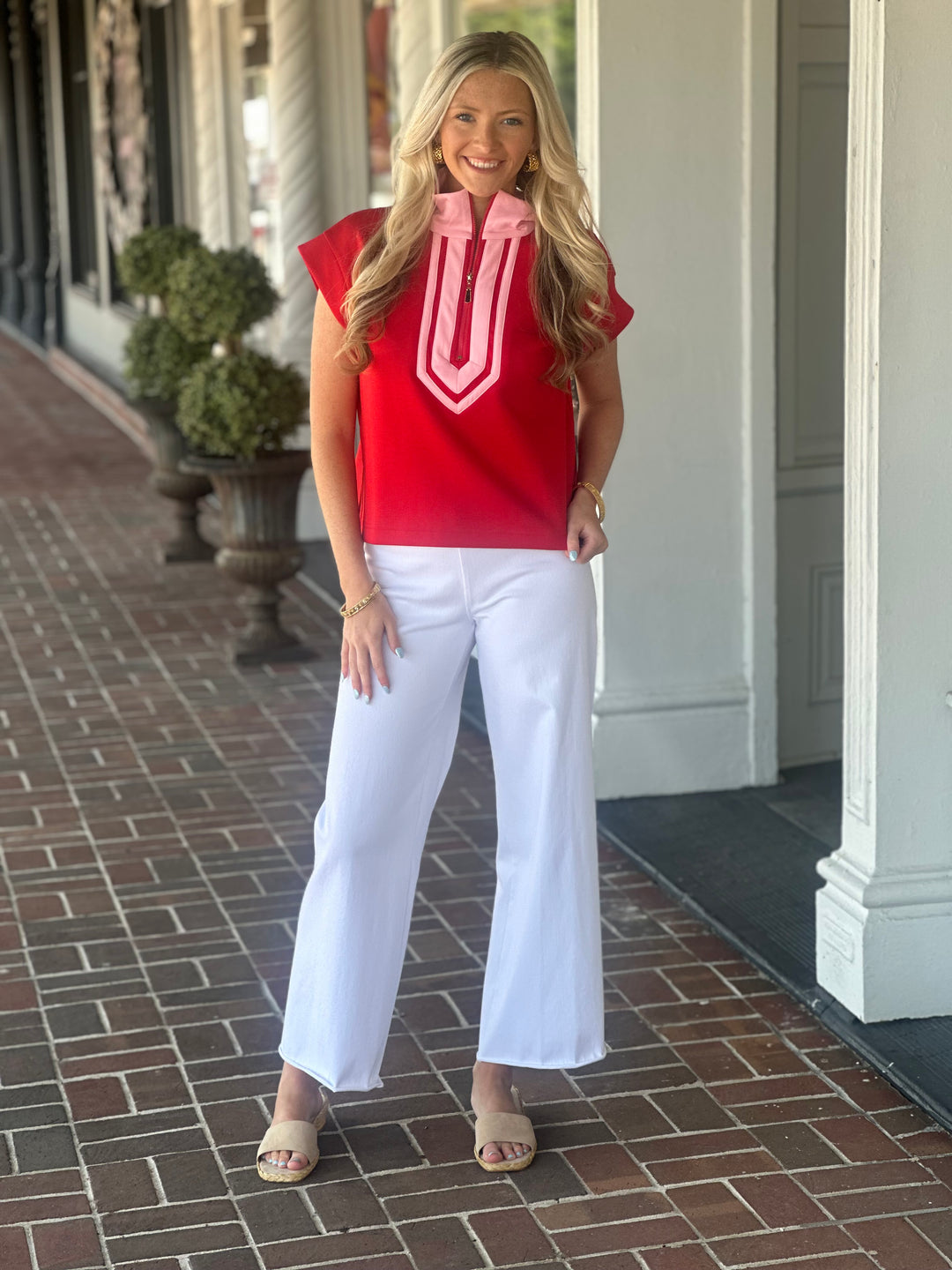 Red Zippered Solid Cap Sleeve Top