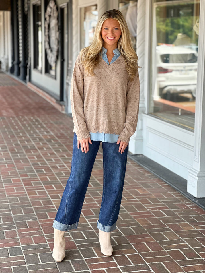 Charlie B V-Neck Fooler Yarn Sweater in Oat