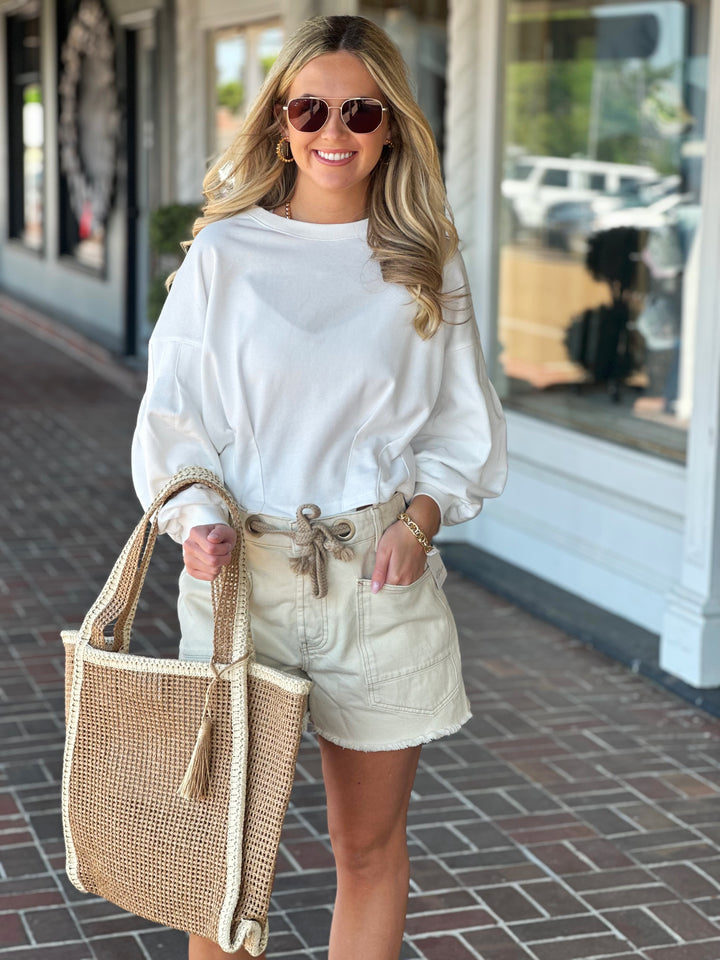 Long Bubble Sleeve Top in Off White