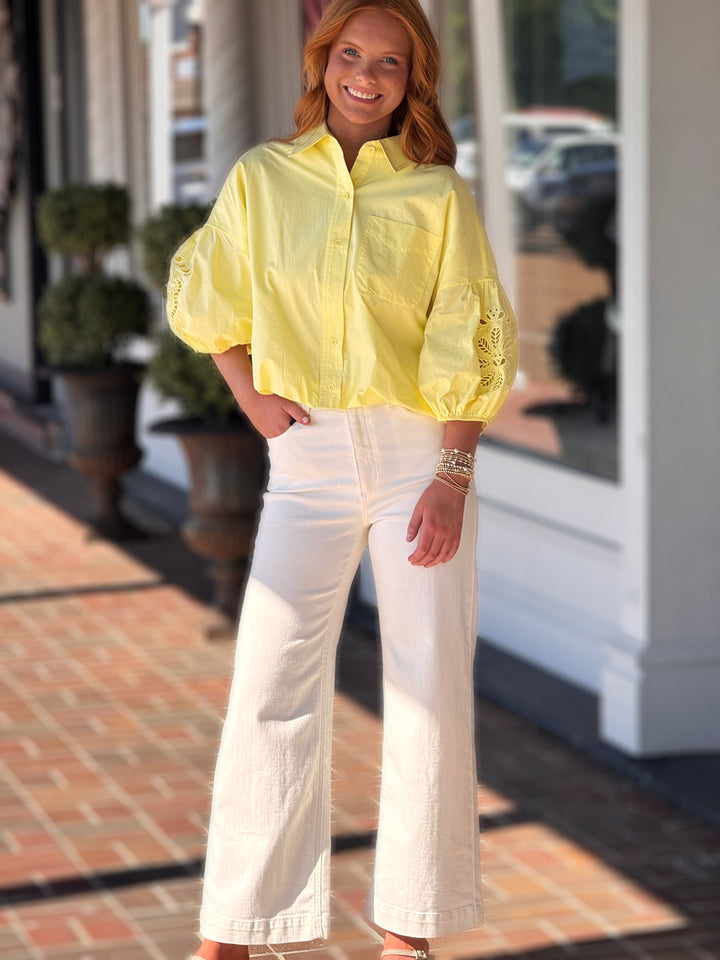 Cut Out Embroidered Bubble Sleeve Top in Lemon