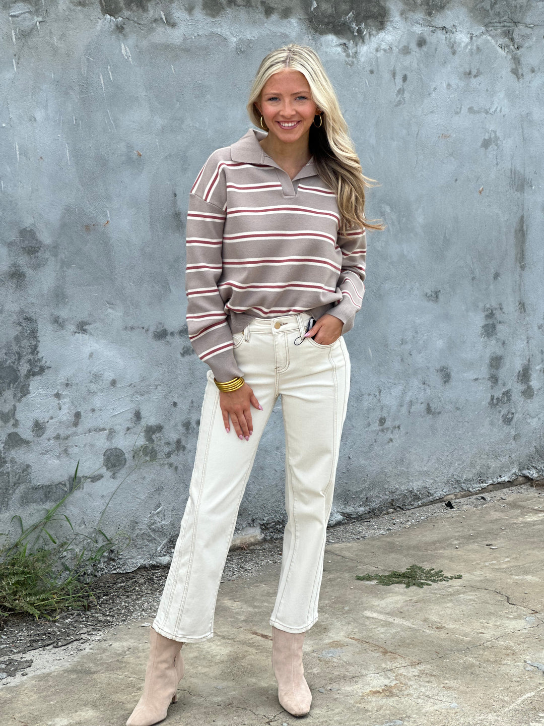 Stripe Polo Collared Sweater in Mocha