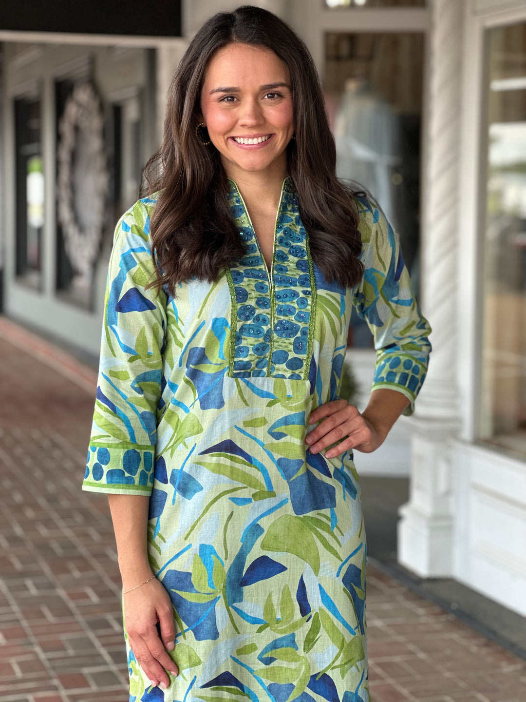 Bella Tu Elise Caftan in Palms Blue