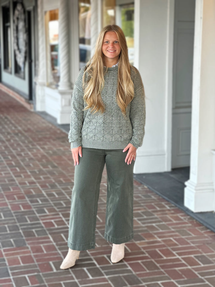 Charlie B Pointelle Crew Neck Sweater in Spruce