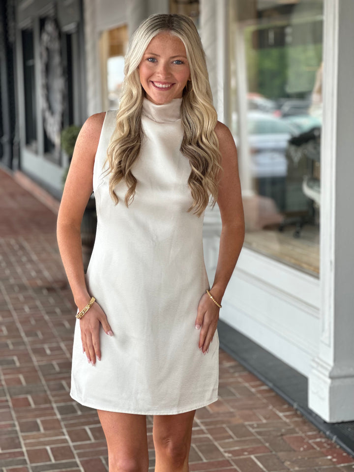 Scarf Satin Sleeveless Mini Dress in Ecru