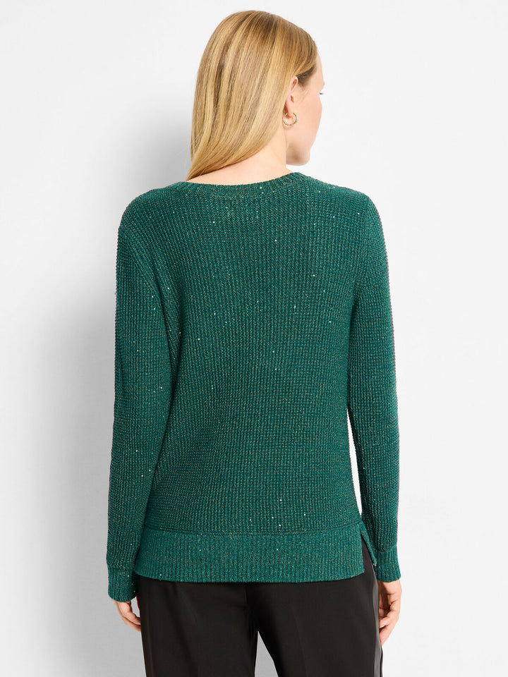 Nic + Zoe Shimmer Waffle V-Neck Sweater in Pine